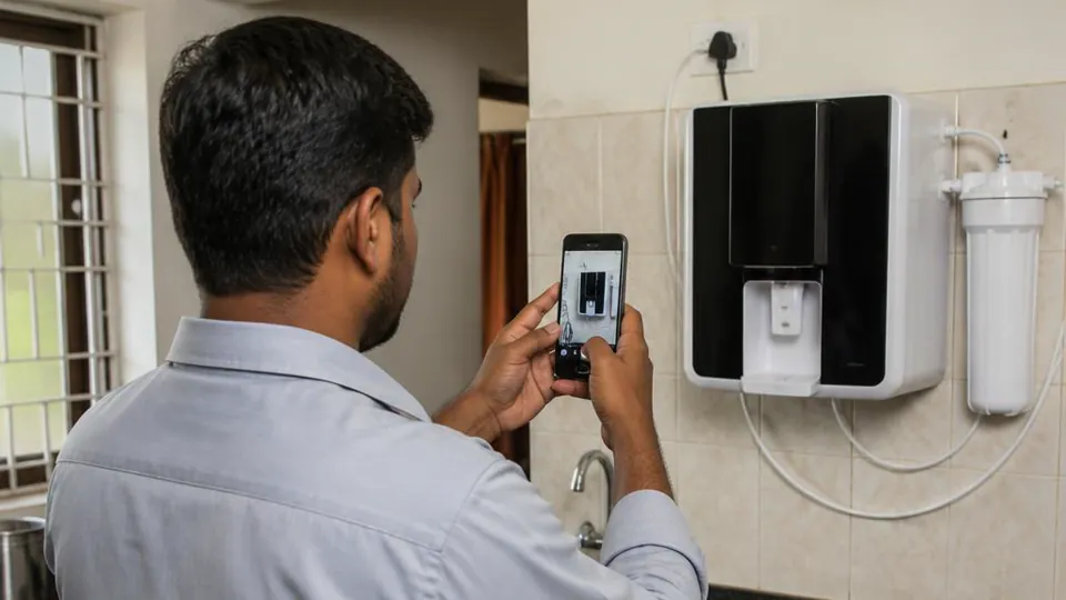 Technician photographing an installed water purifier after a service visit